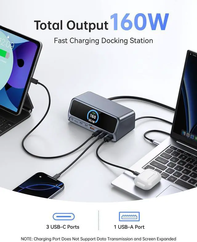 Alt view image 5 of 5 - Selore Laptop Docking Station Dual Monitor with 160W Max Output, 2.26" LCD Display, Dual 4K HDMI, 10Gbps USB A/C Ports, AC Power Port, Gigabit Ethernet for macOS and Windows