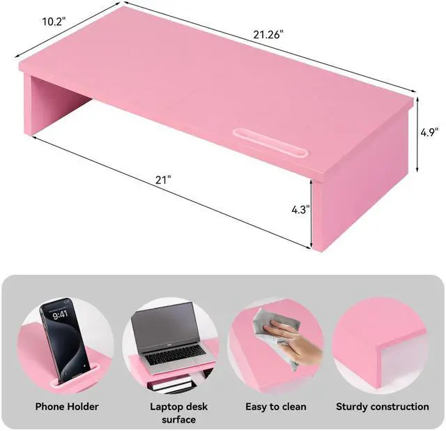 Alt view image 2 of 5 - Qupui 21" Monitor Stand Riser with Phone Holder, Monitor Stand for Desk, Computer Monitor Stand, Desk Shelf for Top of Desk, Desktop Organizer for Laptop, Printer, TV
