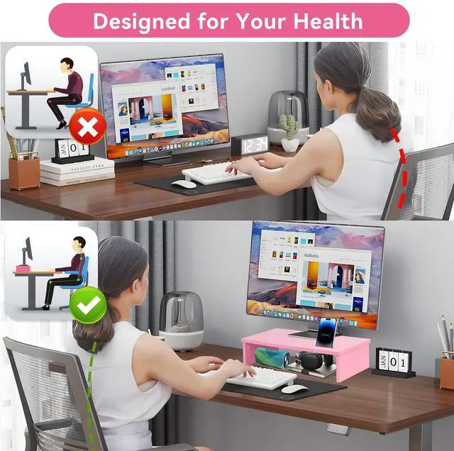 Alt view image 5 of 5 - Qupui 21" Monitor Stand Riser with Phone Holder, Monitor Stand for Desk, Computer Monitor Stand, Desk Shelf for Top of Desk, Desktop Organizer for Laptop, Printer, TV