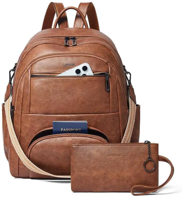 Main image of Leresas 35L Backpack Purse for Women Men Large Travel Backpack for Work College Laptop Back Pack Vegan Leather Fashion Brown