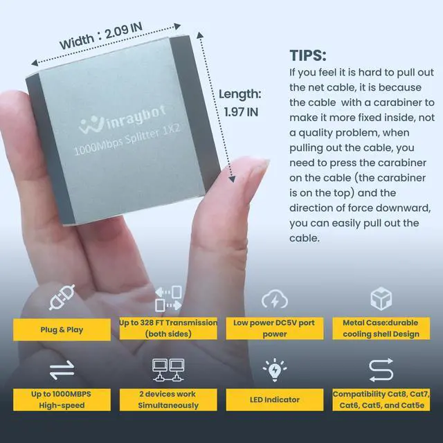 Alt view image 5 of 5 - WinRaybot ethernet Splitter 1 to 2Ethernet hub 2 Port Network LAN Adapter, 1000Mbps Network LAN Adapter for Cat 5/6/7/8 Cable, (2Pack*1GB Network Cable Splitter)