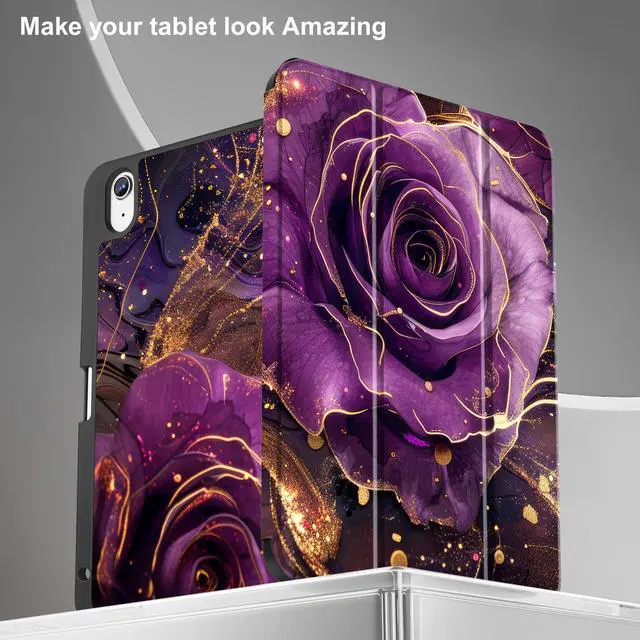 Alt view image 4 of 5 - May Chen Case for iPad Air 11 inch (M3 2025/M2 2024) 7th/6th Gen/iPad Air 10.9 inch 5th/4th Gen, 2022 2020 Release with Pencel Hodel, Trifold Stand Auto Wake/Sleep TPU Stand Back Cover, Purple Roses