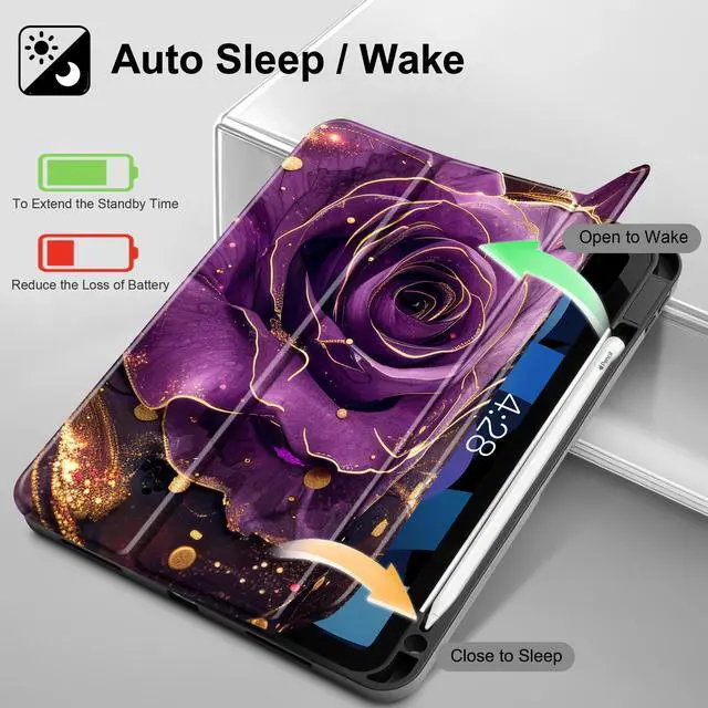 Alt view image 3 of 5 - May Chen Case for iPad Air 11 inch (M3 2025/M2 2024) 7th/6th Gen/iPad Air 10.9 inch 5th/4th Gen, 2022 2020 Release with Pencel Hodel, Trifold Stand Auto Wake/Sleep TPU Stand Back Cover, Purple Roses