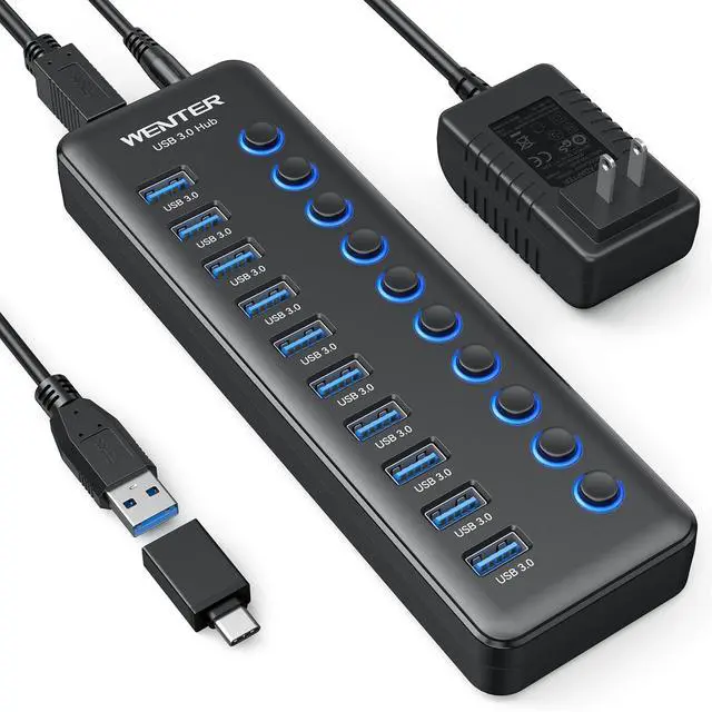 Main image of Powered USB Hub, Wenter 10-Ports USB Splitter Hub 3.0 with Individual LED On/Off Switches and USB A-C Adapter, 12V/3A Power Adapter,Powered USB 3.0 Hub for PC, Laptop, Desktop