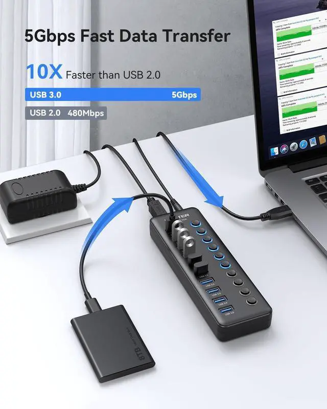 Alt view image 2 of 5 - Powered USB Hub, Wenter 10-Ports USB Splitter Hub 3.0 with Individual LED On/Off Switches and USB A-C Adapter, 12V/3A Power Adapter,Powered USB 3.0 Hub for PC, Laptop, Desktop