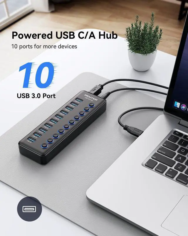 Alt view image 3 of 5 - Powered USB Hub, Wenter 10-Ports USB Splitter Hub 3.0 with Individual LED On/Off Switches and USB A-C Adapter, 12V/3A Power Adapter,Powered USB 3.0 Hub for PC, Laptop, Desktop