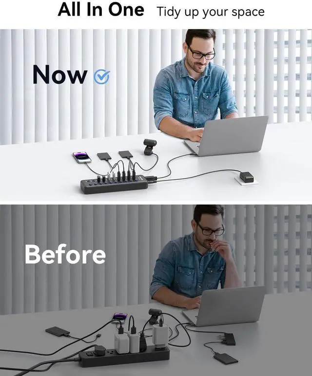 Alt view image 5 of 5 - Powered USB Hub, Wenter 10-Ports USB Splitter Hub 3.0 with Individual LED On/Off Switches and USB A-C Adapter, 12V/3A Power Adapter,Powered USB 3.0 Hub for PC, Laptop, Desktop