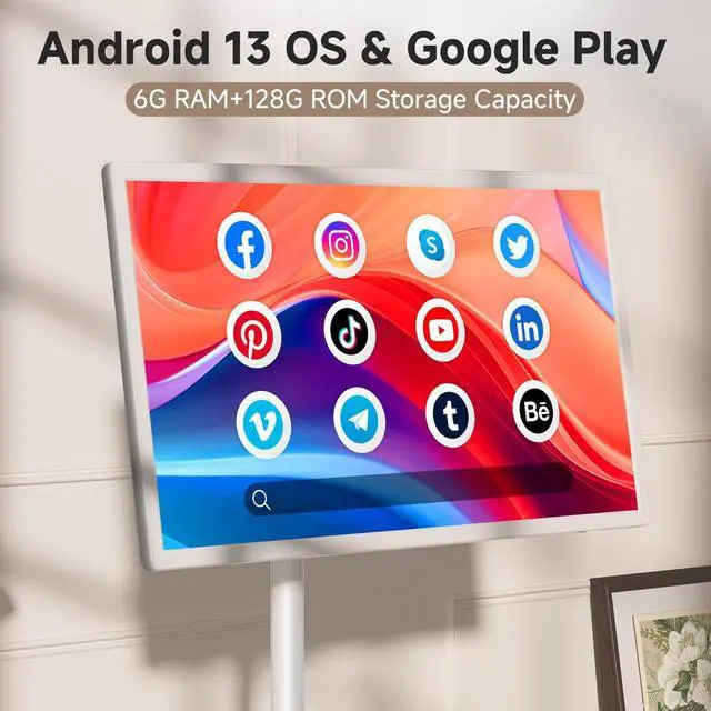 Alt view image 3 of 5 - AOKER 32" Rolling Smart Touch Screen TV - 1080P FHD Portable Monitor Touchscreen TV on Wheels Android 13 OS 6GB RAM + 128GB Storage 148wh Battery 100% sRGB Wireless Rollable Screen