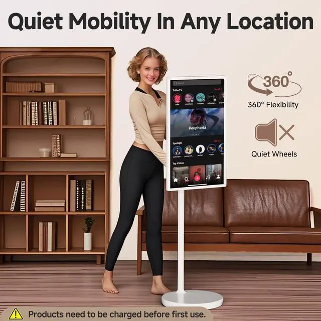 Alt view image 4 of 5 - AOKER 32" Rolling Smart Touch Screen TV - 1080P FHD Portable Monitor Touchscreen TV on Wheels Android 13 OS 6GB RAM + 128GB Storage 148wh Battery 100% sRGB Wireless Rollable Screen