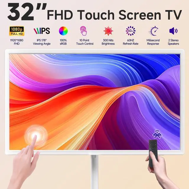 Alt view image 2 of 5 - AOKER 32" Rolling Smart Touch Screen TV - 1080P FHD Portable Monitor Touchscreen TV on Wheels Android 13 OS 6GB RAM + 128GB Storage 148wh Battery 100% sRGB Wireless Rollable Screen