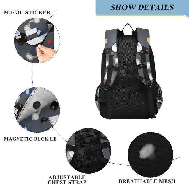 Alt view image 4 of 5 - Glaphy Police Car Pattern Backpack School Bag Lightweight Laptop Backpack Student Travel Daypack with Reflective Stripes