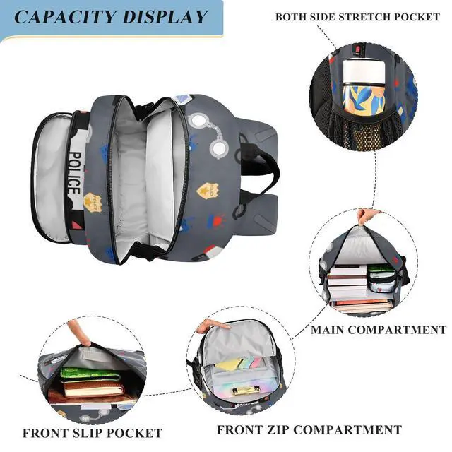 Alt view image 5 of 5 - Glaphy Police Car Pattern Backpack School Bag Lightweight Laptop Backpack Student Travel Daypack with Reflective Stripes