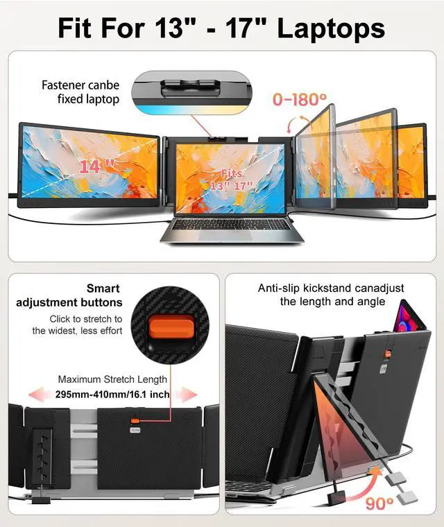 Alt view image 3 of 5 - Cevaton Laptop Screen Extender, 14" FHD 1080P Triple Portable Monitor, Plug & Play Screen Extender, Auto Adjust Width Dual Monitor for 13" - 17" Laptops, Compatible with MacOS/Wins/Chrome/Dex