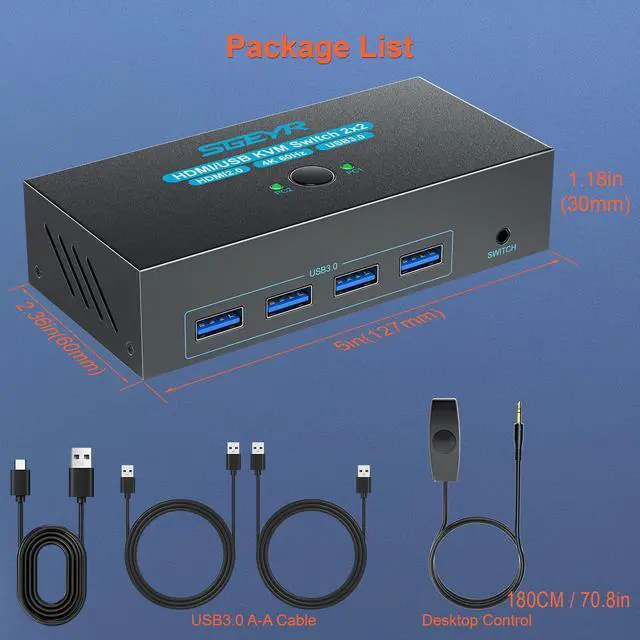 Alt view image 4 of 5 - SGEYR HDMI KVM Switch Dual Monitors, 4K@60Hz KVM Switch 2 Monitors 2 Computers with 4 USB 3.0 Ports Share 2 Monitors and USB Devices, Support Wired Remote and Button Switch, Sharing Keyboard& Mouse