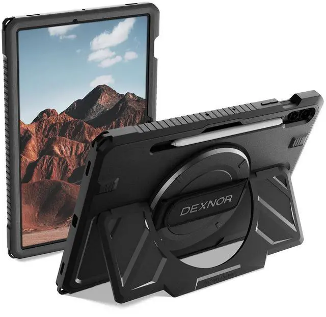Main image of Dexnor Case for Samsung Galaxy Tab S9 FE+ Plus 2023 12.4 inch, Rugged Protective Case with 360° Rotating Hand Strap & Stand & Screen Protector & S Pen Holder Shockproof Full-Body Bumper Cover, Black