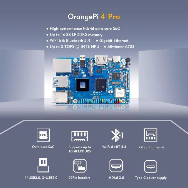 Alt view image 2 of 5 - Orange Pi 4 Pro 4GB/6GB/8GB/12GB LPDDR5 Allwinner A733 8-Core Single Board Computer with 3 Tops NPU, WiFi 6/Bluetooth 5.4,Development Board with eMMC Socket Run Ubuntu/Debian/Android (4GB)