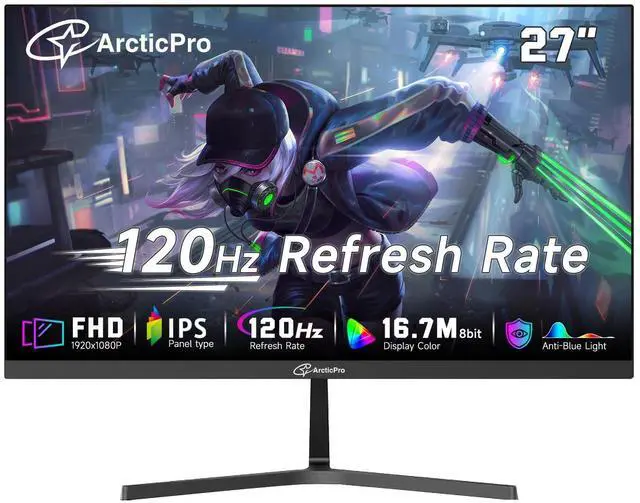Main image of ArcticPro 27 inch Monitor 120Hz, FHD 1080p, Computer Monitor, IPS, 99% sRGB, 1ms Response Time, 3-Sided Frameless, Ultra Slim, VESA Mountable, Anti-Blue Light Design, HDMI & VGA Ports,Black
