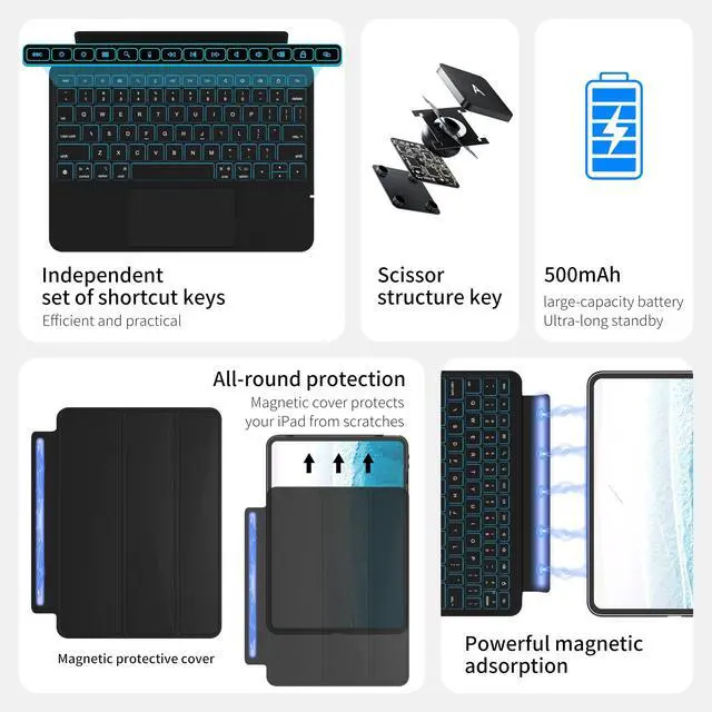 Alt view image 3 of 5 - Otuoor iPad Pro 11 Inch Case with Keyboard (M4, 2024), Magnetic Detachable Keyboard Case for iPad Pro 11 Inch (5th Gen) with 7 Colors Backlight, Multi-Touch Trackpad, Portrait/Landscape Mode (Black)