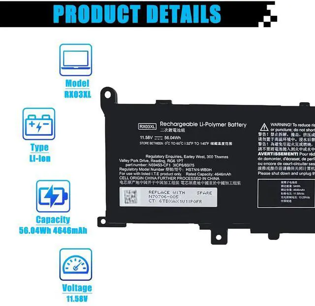 Alt view image 2 of 5 - RX03XL Laptop Battery Replacement for HP EliteBook 640 G11 645 G11 630 G11 660 G11 ProBook 440 G11 445 G11 460 G11 465 G11 Series TPN-DB1Z N78704-005 HSTNN-WB0H N70706-005 N69453-CF1 54Wh 11.58V
