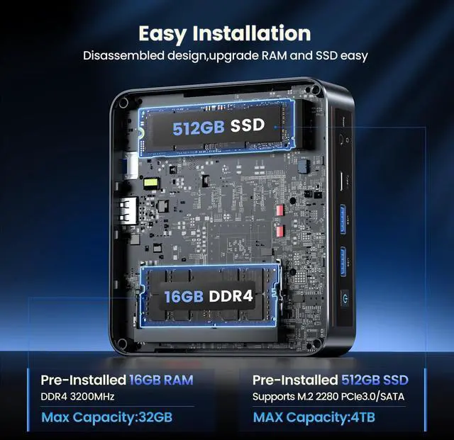 Alt view image 4 of 5 - Trycoo N100 Mini PC 16GB DDR4 512GB SSD, WI6 Alder Lake N100 Desktop Mini Computer with Type-C, Dual HD, RJ45 LAN Ethernet, 4K Triple Display, WiFi5, BT4.2