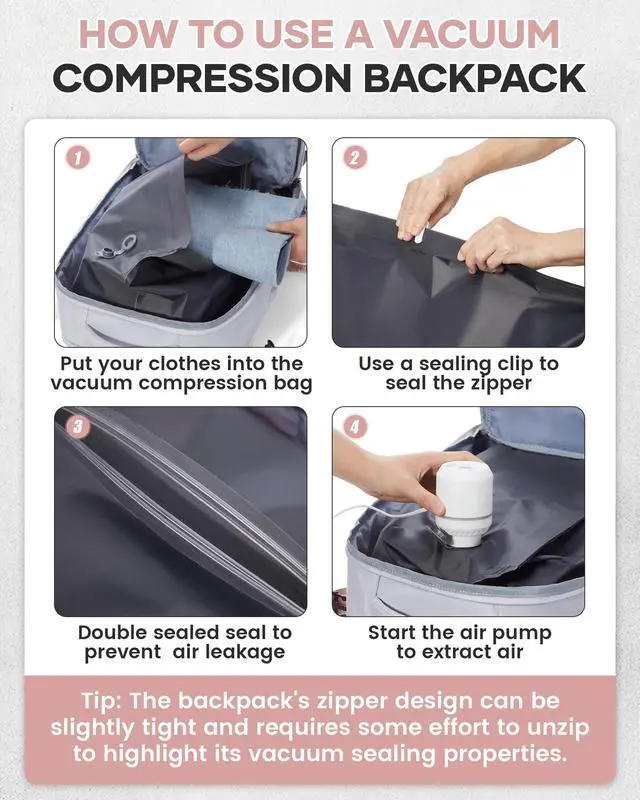 Alt view image 2 of 5 - Vacuum Travel Backpack with Pump for Women,Personal Item Carry on Backpacks Flight Approved 18x14x8 inches for Men,Laptop Waterproof Work Compression bags Casual Daypack(Grey)