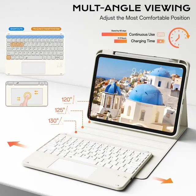 Alt view image 4 of 5 - JKSML Case for iPad 10th/11th (A16) Gen with 7 Colors Backlight Touchpad Keyboard and Pencil Holder, Detachable Wireless Bluetooth Trackpad Keyboard, 3 Adjustable Angles, 10.9inch/11inch Case, White