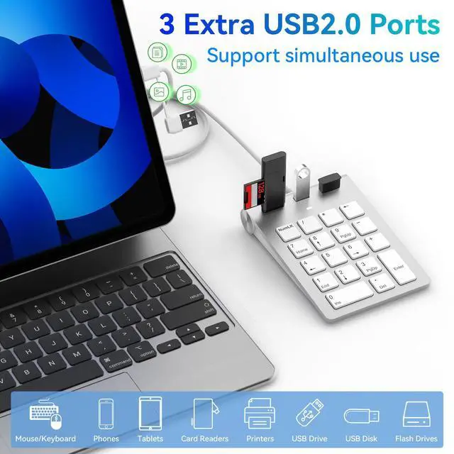 Alt view image 3 of 5 - Wired Numeric Keypad USB-C & USB-A - 18 Keys Number Pad with 3 USB 2.0 Port, 15° Ergonomic Numeric Pad for Laptop/ Desktop/ Surface/ iPad, USB Number Keypad for Windows/macOS/Chrome OS, Plug & Play