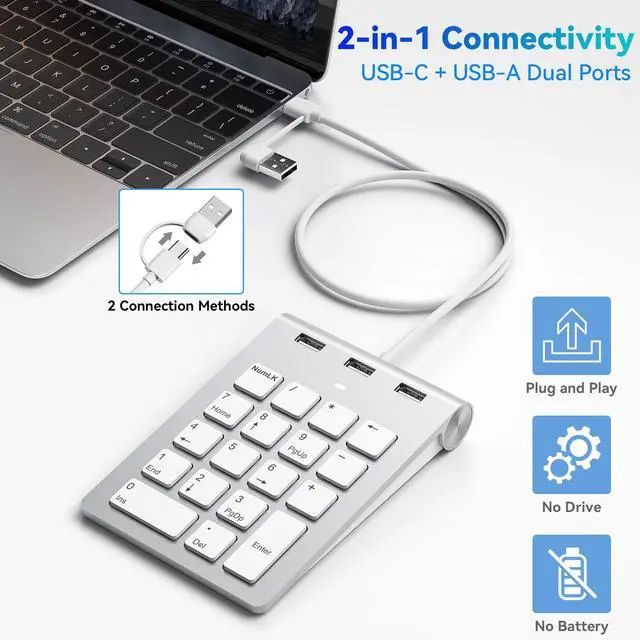 Alt view image 2 of 5 - Wired Numeric Keypad USB-C & USB-A - 18 Keys Number Pad with 3 USB 2.0 Port, 15° Ergonomic Numeric Pad for Laptop/ Desktop/ Surface/ iPad, USB Number Keypad for Windows/macOS/Chrome OS, Plug & Play