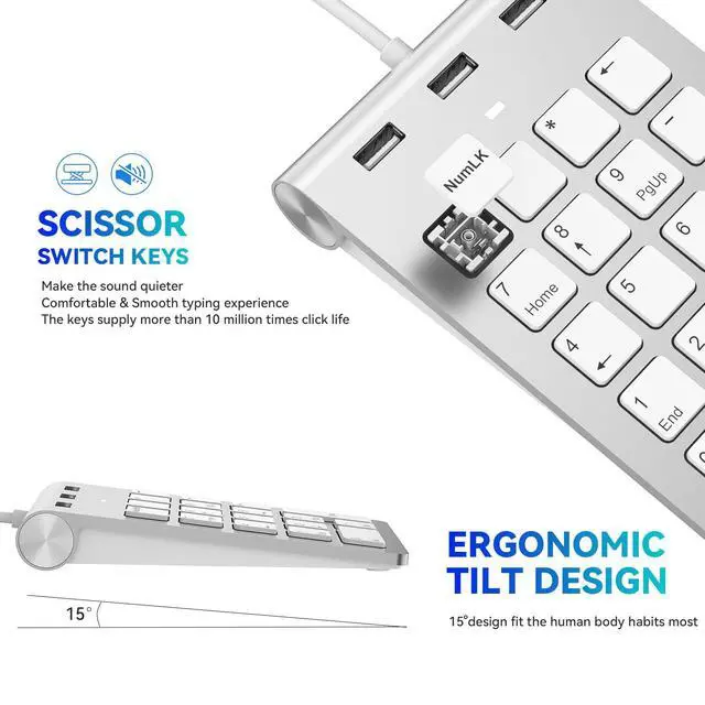 Alt view image 5 of 5 - Wired Numeric Keypad USB-C & USB-A - 18 Keys Number Pad with 3 USB 2.0 Port, 15° Ergonomic Numeric Pad for Laptop/ Desktop/ Surface/ iPad, USB Number Keypad for Windows/macOS/Chrome OS, Plug & Play