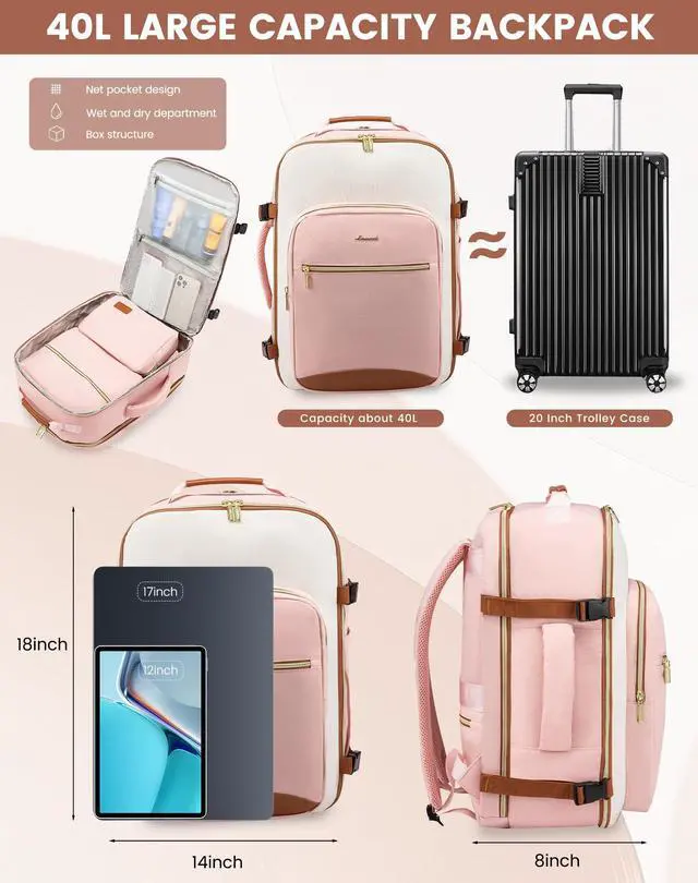 Alt view image 3 of 5 - LOVEVOOK Large Travel Backpack for Women & Men, 40L Carry on Backpack for Airplanes, TSA Personal Item Travel Bag fits 17" Laptop, Waterproof Travel Essentials Airline Approved with 3 Packing Cubes