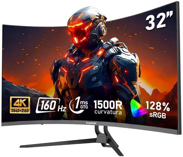 Main image of Gawfolk 32-inch 4K Ultra HD Curved 1500R Computer Monitor, 160Hz Gaming Screen, 1ms, Adaptive Sync, 128% sRGB, 178° Wide Viewing Angle, HDMI 2.1, DisplayPort, Compatible with 75*75MM Wall Mount-Black