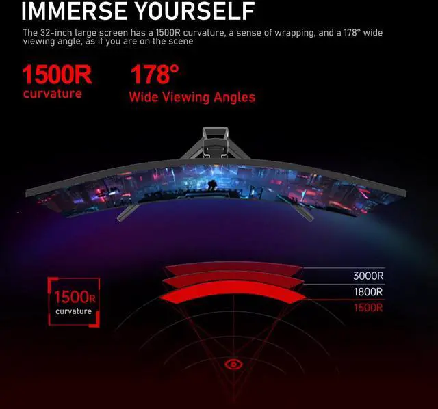 Alt view image 4 of 5 - Gawfolk 32-inch 4K Ultra HD Curved 1500R Computer Monitor, 160Hz Gaming Screen, 1ms, Adaptive Sync, 128% sRGB, 178° Wide Viewing Angle, HDMI 2.1, DisplayPort, Compatible with 75*75MM Wall Mount-Black