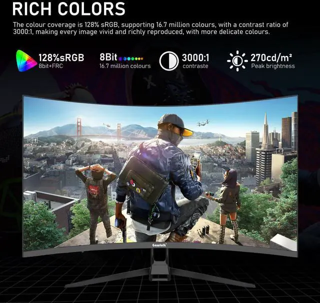 Alt view image 5 of 5 - Gawfolk 32-inch 4K Ultra HD Curved 1500R Computer Monitor, 160Hz Gaming Screen, 1ms, Adaptive Sync, 128% sRGB, 178° Wide Viewing Angle, HDMI 2.1, DisplayPort, Compatible with 75*75MM Wall Mount-Black