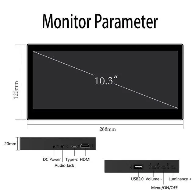 Alt view image 5 of 5 - Portable Monitor 10.3-inch Touchscreen 1920 * 720 Long Bar Monitor, IPS Full Lamination Panel, Built-in Dual Speakers, HDMI Type-C Port, Suitable for Mac,laptops,PC,Switch, Phone