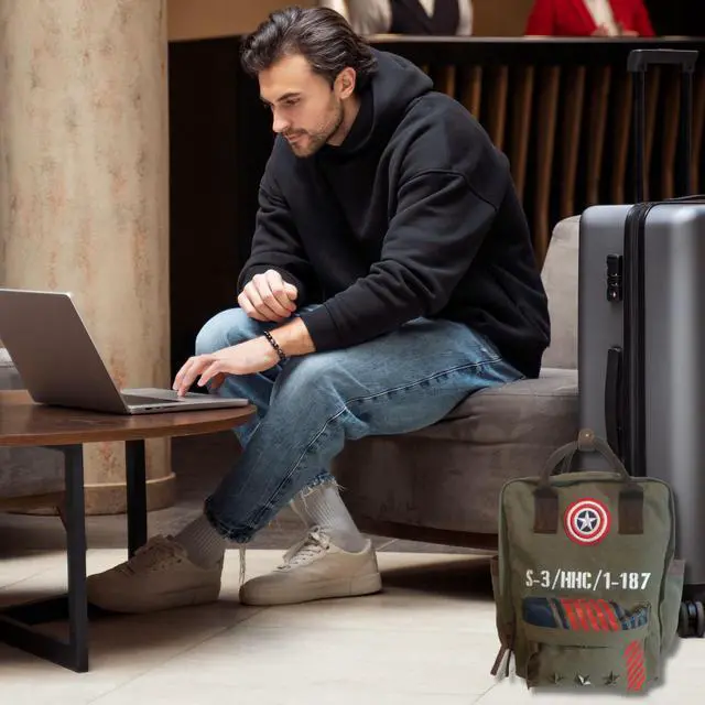 Alt view image 2 of 5 - FUTURE FOUNDERS Marvel Captain America Vintage Military Army Canvas Large Laptop Backpack | Travel Rucksack & Work bag | Durable Zip-Top Canvas with PU Leather Straps & Pockets for Adults, Teens