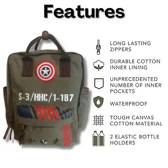Alt view image 3 of 5 - FUTURE FOUNDERS Marvel Captain America Vintage Military Army Canvas Large Laptop Backpack | Travel Rucksack & Work bag | Durable Zip-Top Canvas with PU Leather Straps & Pockets for Adults, Teens