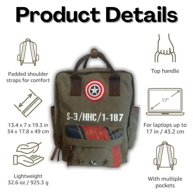 Alt view image 4 of 5 - FUTURE FOUNDERS Marvel Captain America Vintage Military Army Canvas Large Laptop Backpack | Travel Rucksack & Work bag | Durable Zip-Top Canvas with PU Leather Straps & Pockets for Adults, Teens