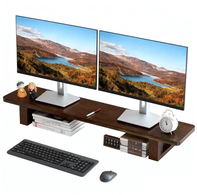 Main image of sanheshun Dual Monitor Stand Riser, 47Inch Solid Wood Desktop Organizer with Non-Slip Pads, Holder for 2 Monitors, Laptops, TV, PC, Printer, Walnut Finish