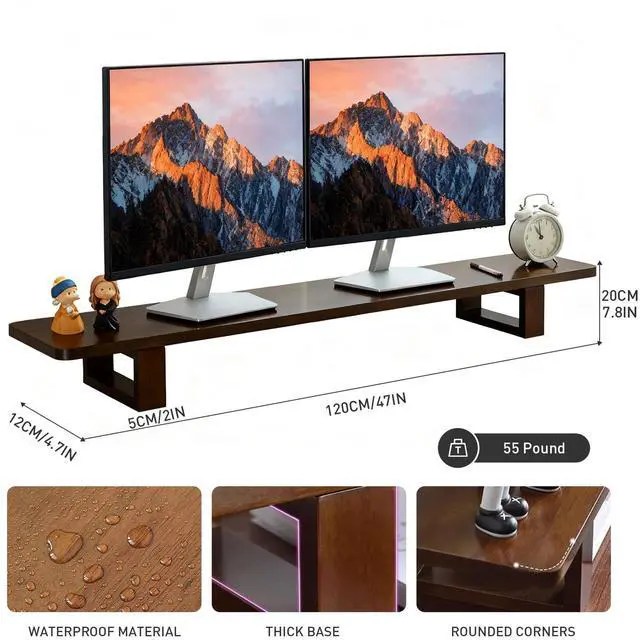 Alt view image 3 of 5 - sanheshun Dual Monitor Stand Riser, 47Inch Solid Wood Desktop Organizer with Non-Slip Pads, Holder for 2 Monitors, Laptops, TV, PC, Printer, Walnut Finish
