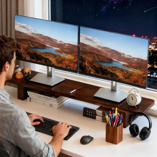 Alt view image 2 of 5 - sanheshun Dual Monitor Stand Riser, 47Inch Solid Wood Desktop Organizer with Non-Slip Pads, Holder for 2 Monitors, Laptops, TV, PC, Printer, Walnut Finish