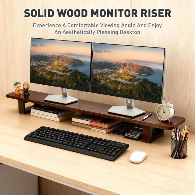 Alt view image 5 of 5 - sanheshun Dual Monitor Stand Riser, 47Inch Solid Wood Desktop Organizer with Non-Slip Pads, Holder for 2 Monitors, Laptops, TV, PC, Printer, Walnut Finish