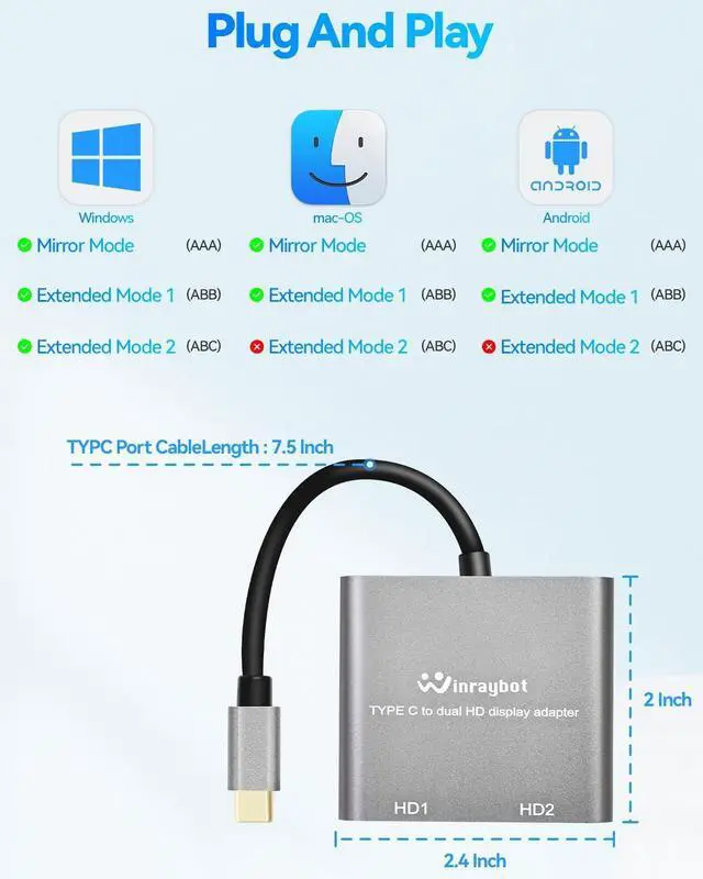 Alt view image 5 of 5 - USB C to Dual HDMI Adapter 4k60Hz,USBC to HDMI for Dual Monitor Adapter, hdmi Splitter Extended Display,USB c hub 2hdmi Ports (USB C to Dual Display)