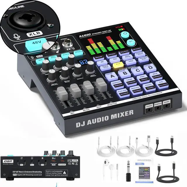 Main image of KILOGOGRAPH 48V Podcast Sound Board - XLR Audio Interface for Live Streaming Studio Recording Gaming, Bluetooth DJ Mixer for iPhone Laptop PC, External Music Sound Card, Content Creator Gift (SN800)