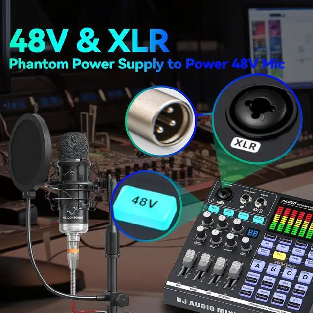 Alt view image 2 of 5 - KILOGOGRAPH 48V Podcast Sound Board - XLR Audio Interface for Live Streaming Studio Recording Gaming, Bluetooth DJ Mixer for iPhone Laptop PC, External Music Sound Card, Content Creator Gift (SN800)
