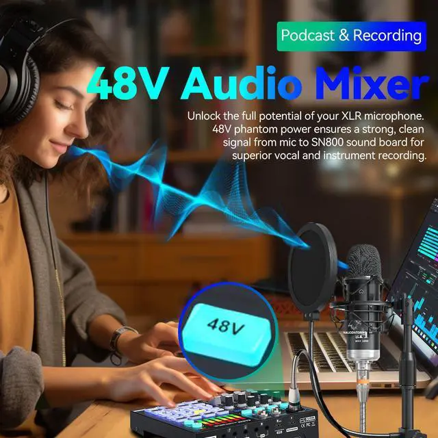 Alt view image 3 of 5 - KILOGOGRAPH 48V Podcast Sound Board - XLR Audio Interface for Live Streaming Studio Recording Gaming, Bluetooth DJ Mixer for iPhone Laptop PC, External Music Sound Card, Content Creator Gift (SN800)