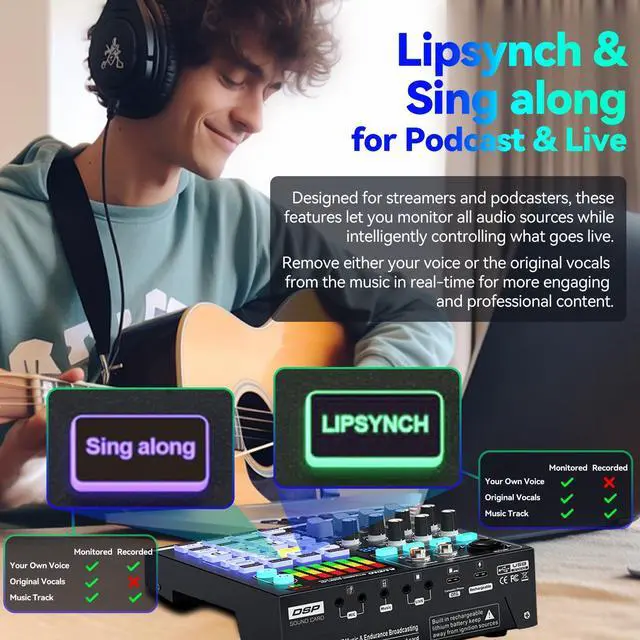 Alt view image 5 of 5 - KILOGOGRAPH 48V Podcast Sound Board - XLR Audio Interface for Live Streaming Studio Recording Gaming, Bluetooth DJ Mixer for iPhone Laptop PC, External Music Sound Card, Content Creator Gift (SN800)