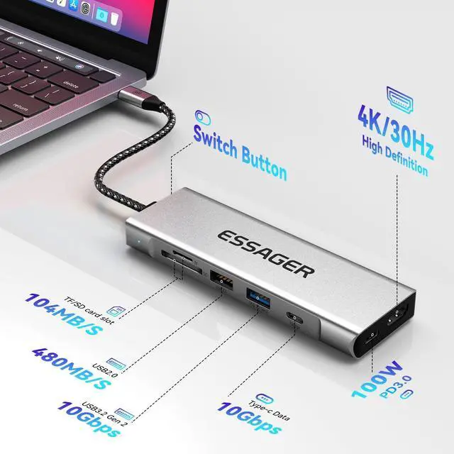 Alt view image 2 of 5 - ESSAGER 8 in 1 USB C Hub with M.2 NVMe/SATA SSD Enclosure 10Gbps, 4K HDMI 1.4, USB 3.2 Gen2, PD100W, Aluminum Alloy USB C SSD Enclosure for M.2 NVMe SATA SSD for Mac mini M1 2 3 4