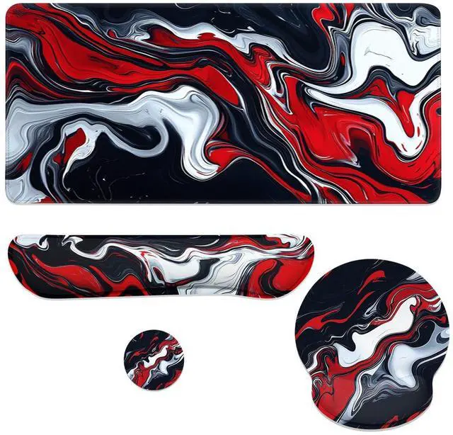 Main image of Abstract Art Mouse Pad Set Red Black White Modern Fluid Art Gaming Mousepad 4in1 Desk Mat for Desktop Wrist Support Cup Coaster Set Ergonomic Computer Desk Arm Wrist for Decor Home Office
