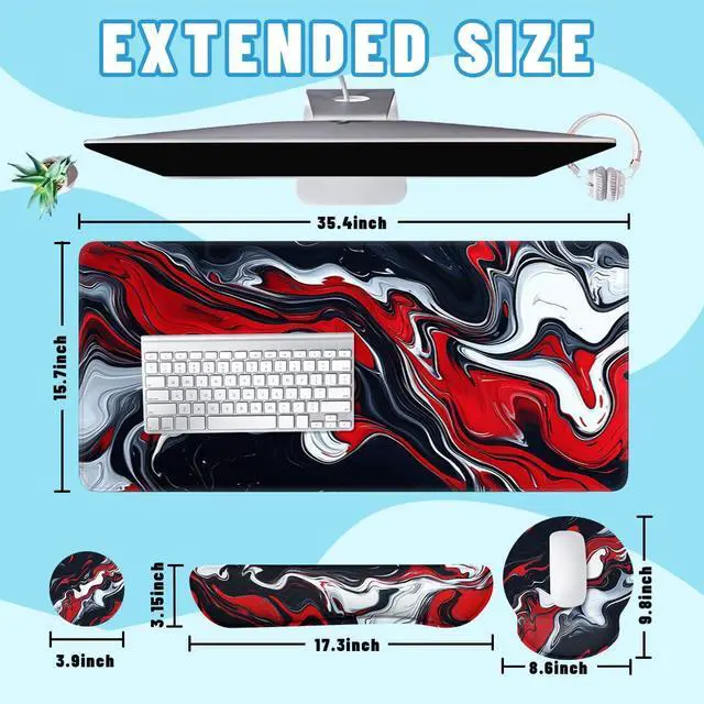 Alt view image 2 of 5 - Abstract Art Mouse Pad Set Red Black White Modern Fluid Art Gaming Mousepad 4in1 Desk Mat for Desktop Wrist Support Cup Coaster Set Ergonomic Computer Desk Arm Wrist for Decor Home Office