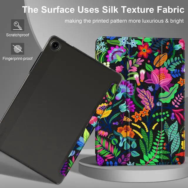Alt view image 3 of 5 - MEEgoodo for Samsung Galaxy Tab A9 Plus 11 inch Case 2024 2023 (Fit Model SM-X210/X216/X218), A9+ Tablet Cases with Silk Texture & PC Clear Back Cover, Bright Flowers & Tropic Leaves